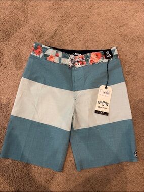 Boys size 25(10) Billabong Teal & Blue Stripe Boardshorts with Floral Waistband